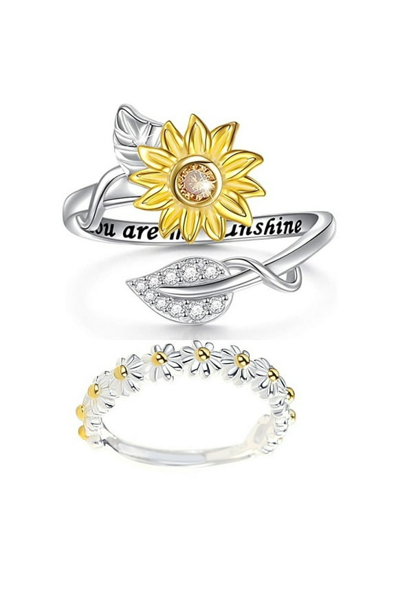 Women's Double-Layer Sunflower Design Fashionable Daisy Ring Jewelry 2 Pcs