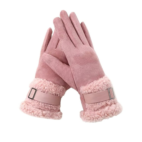 Women's Double Layer Winter Gloves, Touchscreen Thickened Riding Gloves with Suede Leather Buckle, Windproof Cold Weather Cycling Gloves, Plush Lined Thermal Gloves Pink
