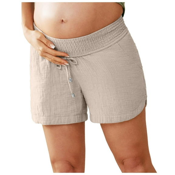 Women's Double Layered Pleats Maternity Shorts Underbelly Drawstring Elastic Waist Cotton Shorts With Pockets Summer Cute Beach Casual Shorts