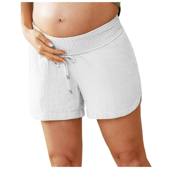 Women's Double Layered Pleats Maternity Shorts Underbelly Drawstring Elastic Waist Cotton Shorts With Pockets Summer Cute Beach Casual Shorts