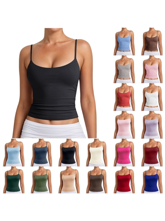 Women's Double Lined Basic Tank Top Adjustable Spaghetti Straps Sleeveless Camisole Shirts Black S