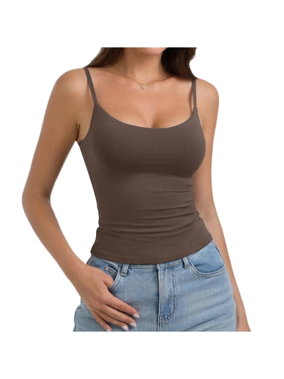 Women's Double Lined Basic Tank Top Adjustable Spaghetti Straps Sleeveless Camisole Shirts Brown XL