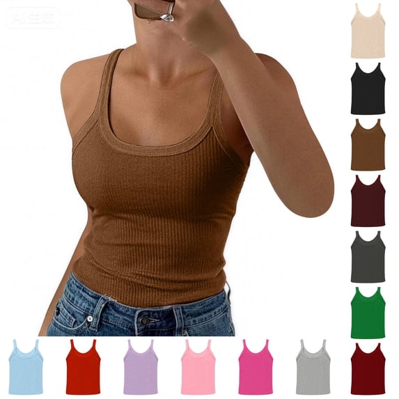 Women's Double Lined Basic Tank Top Adjustable Spaghetti Straps Sleeveless Camisole Shirts Coffee 2XL