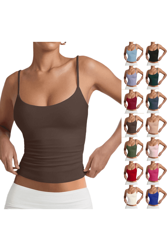 Women's Double Lined Basic Tank Top Adjustable Spaghetti Straps Sleeveless Camisole Shirts Coffee L
