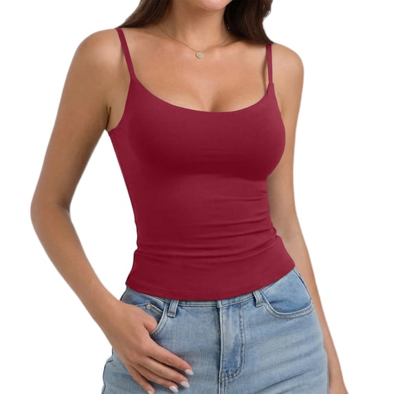 Women's Double Lined Basic Tank Top Adjustable Spaghetti Straps Sleeveless Camisole Shirts Red S