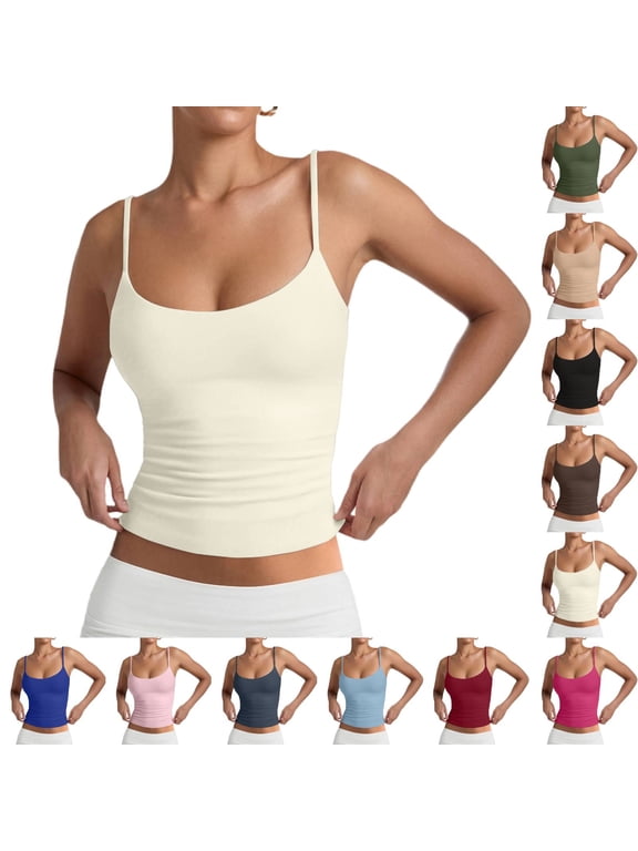 Women's Double Lined Basic Tank Top Adjustable Spaghetti Straps Sleeveless Camisole Shirts White L