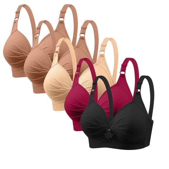 Women's Double Lined Bralettes New Women's Printing 5Pc Gathered Together Large Size Daily Bra Underwear No Rims Multicolor 3Xl