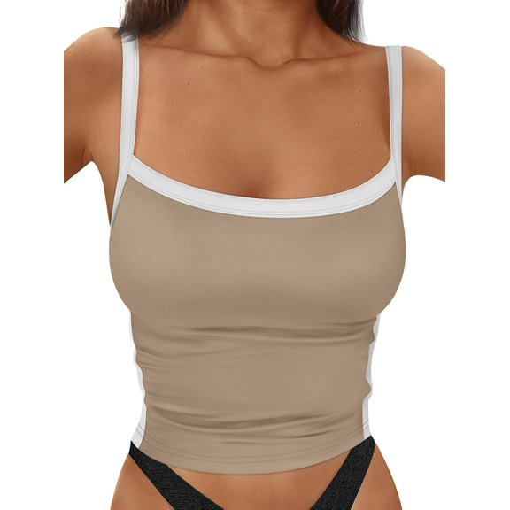 Women's Double Lined Tank Tops Spaghetti Strap Square Neck Camisole Sleeveless Racerback Cropped Summer Clothes