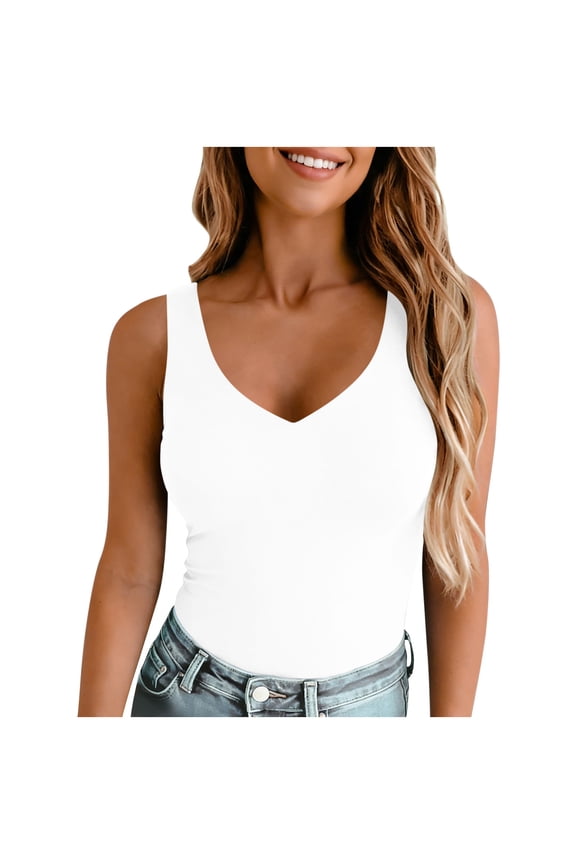 Women's Double Lined V Neck Tank Tops Summer Slim Fit Basic Sleeveless Shirts Cute Trendy Going Out Tops