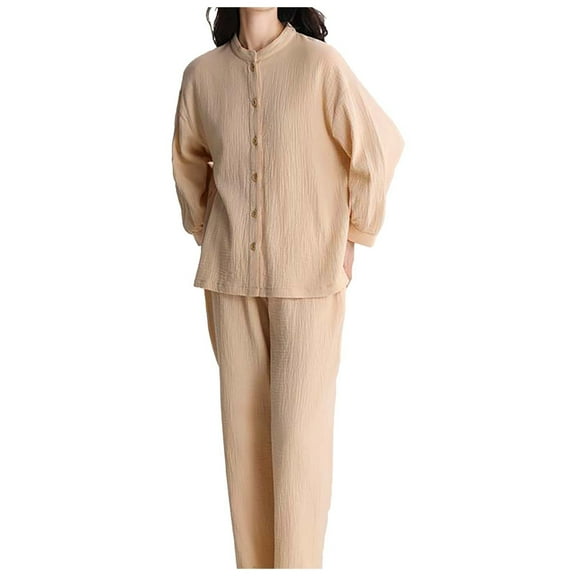 Women's Double Pajamas Set, Thin V-Neck, Elegant Loose, Polyester, Suitable for Home & Out, Multiple Sizes