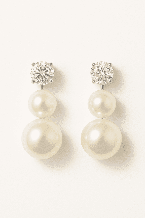 Womens Double Pearl Drop Earrings with Crystal Studs Elegant Faux Pearl Dangle Earrings, Silver-Tone, Classic Fashion Jewelry for Party & Daily Wear