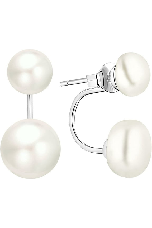 Women's Double Pearl Earrings 25 Sterling Silver Double Pearl Earring Pearl Front Back Freshwater Cultured Pearl 7MM/9MM Stud Earrings