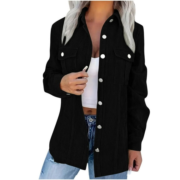 Women's Double Pocket Button Up Long Sleeved Turndown Collar Fashionable Top