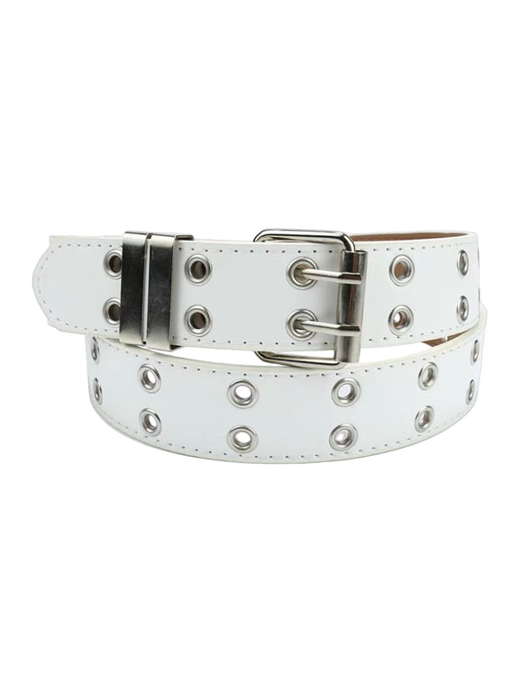 Women's Double Prong Buckle Belt with Metal Eyelets, Fashionable Adjustable Wide Waistband for Jeans Dresses Pants Skirts, Double Hollow Buckle White