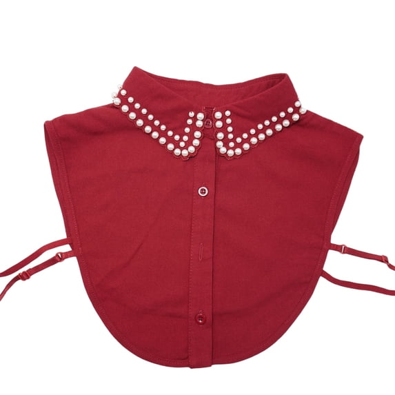 Women's Double Row Pearl Detachable Shirt Collar, Pointed Collar Dickey for Layering, Blouse Collar Accessory for Sweaters and Dresses, Fashion False Collar Wine
