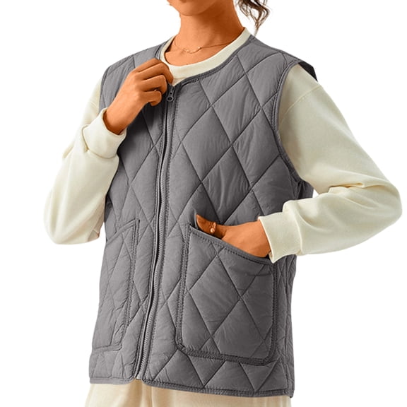 Women's Double-Sided Cotton Padded Sleeveless Vest - Warm Stand-Up Collar, Zipper & Button Closure, Gray, XXL
