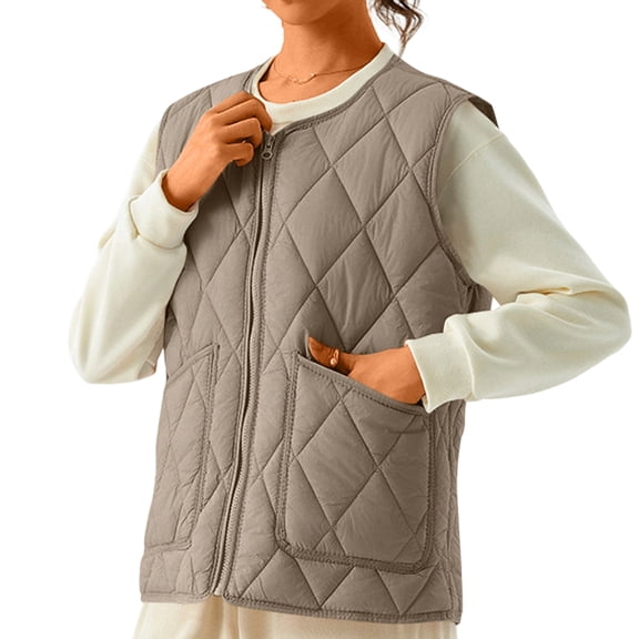 Women's Double-Sided Cotton Padded Sleeveless Vest - Warm Stand-Up Collar, Zipper & Button Closure, Khaki, XXL