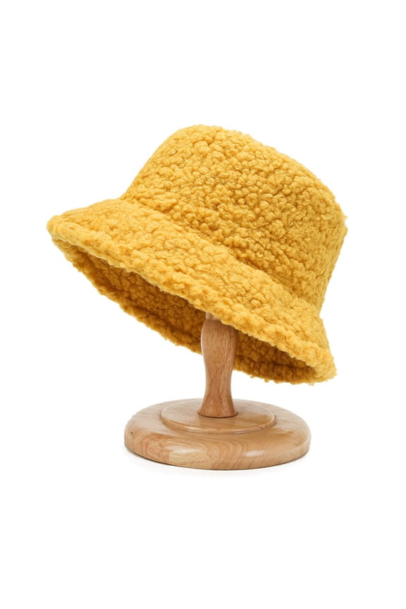Women's Double-Sided Fleece Bucket Hat, Plush Winter Warm Hat for Cold Weather, Soft Foldable Fisherman Hat for Outdoor and Travel - Yellow