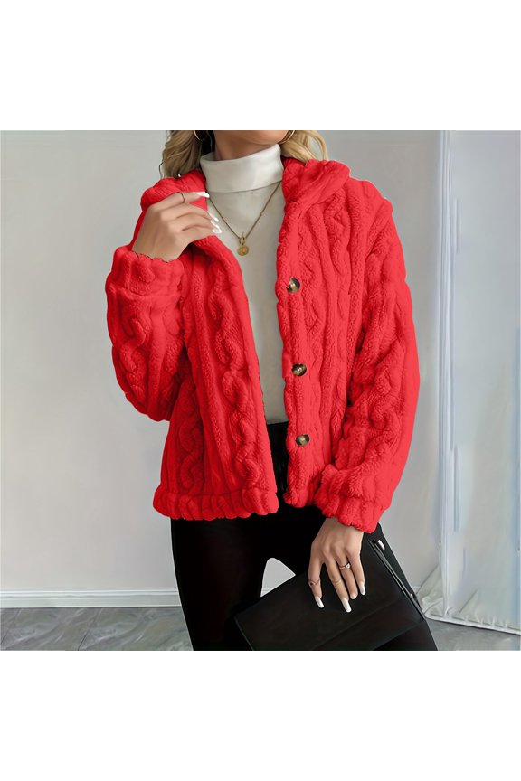 Women's Double-Sided Fleece Coat, Twisted Embossed Pattern Jacket, Plush Thermal Winter Outerwear, Soft Textured Long Sleeve Overcoat, Cozy Stand Collar Warm Layer Red XXL