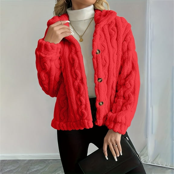 Women's Double-Sided Fleece Coat, Twisted Embossed Pattern Jacket, Plush Thermal Winter Outerwear, Soft Textured Long Sleeve Overcoat, Cozy Stand Collar Warm Layer Red XXL