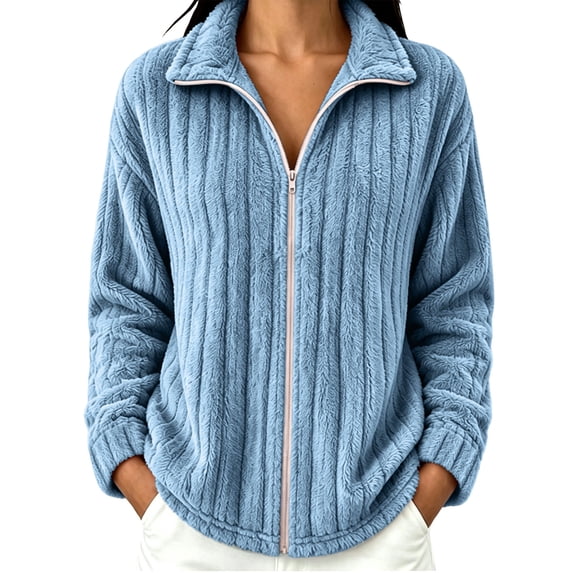 Women's Double‑Sided Fleece Full‑Zip Jacket, Winter Loose Long‑Sleeve Warm Outerwear for Women Daily Casual Wear Blue XL(XL)