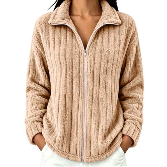 Women's Double‑Sided Fleece Full‑Zip Jacket, Winter Loose Long‑Sleeve Warm Outerwear for Women Daily Casual Wear Khaki M(M)