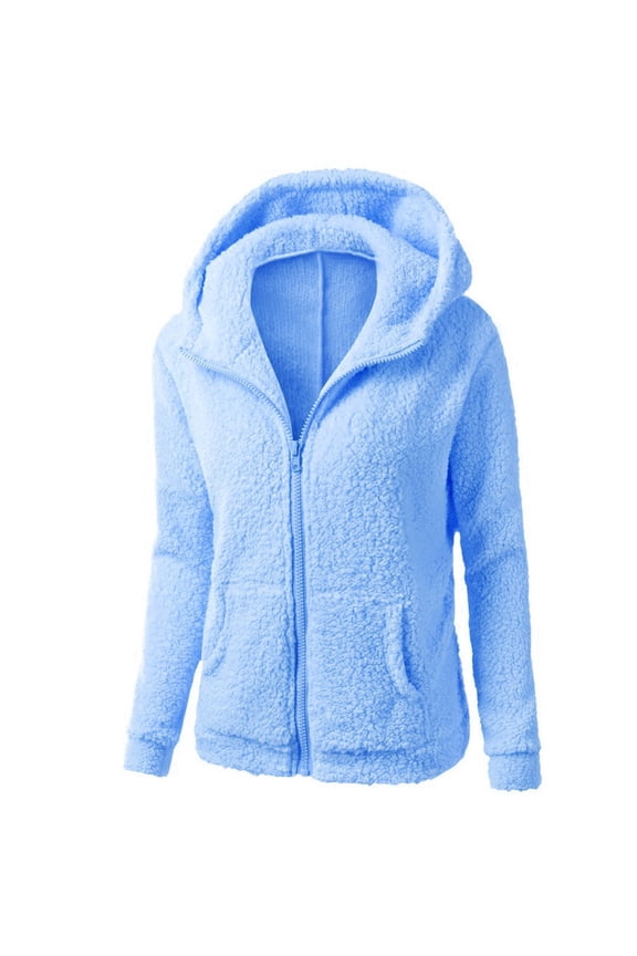 Women's Double Sided Fleece Hooded Jacket, Solid Color Zip Front Coat, Soft Plush Outerwear, Warm Comfortable Wear, Casual Loose Fit Top, Everyday Layering Piece Sky Blue M