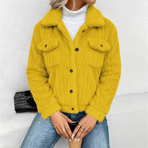 Women's Double Sided Fleece Jacket, Button Down Collar Long Sleeve Coat, Drop Shoulder Warm Jacket, Loose Fit Winter Top, Casual Fleece Outerwear, Plush Button Up Jacket Yellow XS