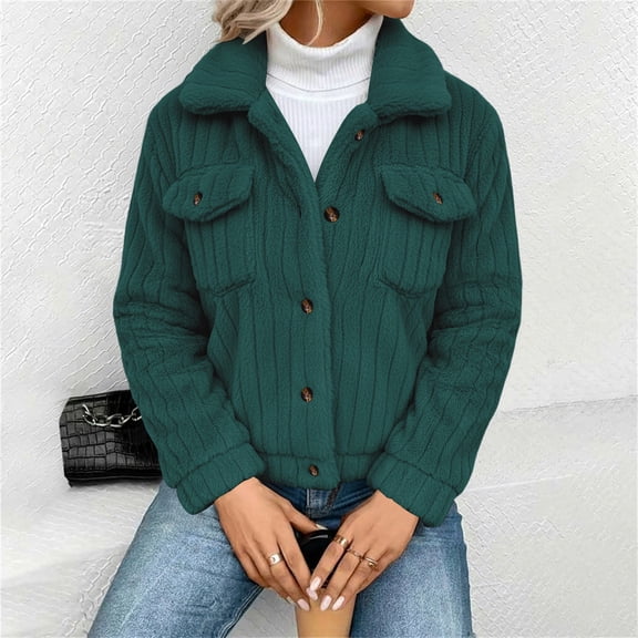 Women's Double Sided Fleece Jacket, Button Down Collar Long Sleeve Coat, Drop Shoulder Warm Jacket, Loose Fit Winter Top, Casual Fleece Outerwear, Plush Button Up Jacket Green XS