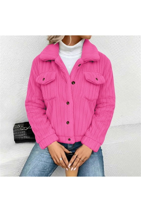 Women's Double Sided Fleece Jacket, Button Down Collar Long Sleeve Coat, Drop Shoulder Warm Jacket, Loose Fit Winter Top, Casual Fleece Outerwear, Plush Button Up Jacket Hot Pink M