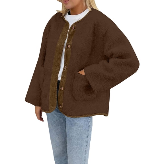 Women's Double Sided Fleece Jacket, Button Up Plush Coat, Soft Long Sleeve Cardigan, Cozy Winter Outerwear, Casual Fall Fashion, Functional Pocket Design, 2025 Trendy Style Brown M