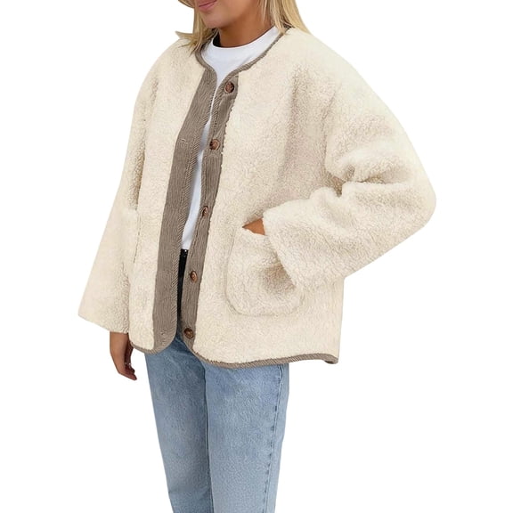 Women's Double Sided Fleece Jacket, Button Up Plush Coat, Soft Long Sleeve Cardigan, Cozy Winter Outerwear, Casual Fall Fashion, Functional Pocket Design, 2025 Trendy Style Beige S