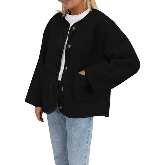 Women's Double Sided Fleece Jacket, Button Up Plush Coat, Soft Long Sleeve Cardigan, Cozy Winter Outerwear, Casual Fall Fashion, Functional Pocket Design, 2025 Trendy Style Black S