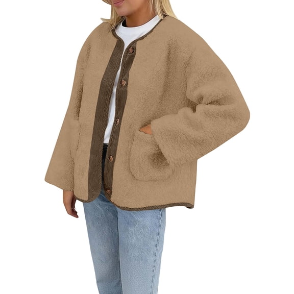 Women's Double Sided Fleece Jacket, Button Up Plush Coat, Soft Long Sleeve Cardigan, Cozy Winter Outerwear, Casual Fall Fashion, Functional Pocket Design, 2025 Trendy Style Khaki S