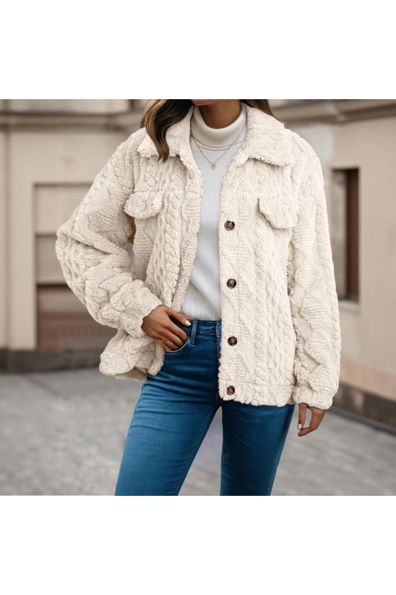 Women's Double Sided Fleece Jacket, Embossed Pattern Stand Collar Coat, Button Front Closure, Warm Winter Outerwear with Pockets, Lightweight Everyday Comfort, Casual Cold Weather Protection Beige L