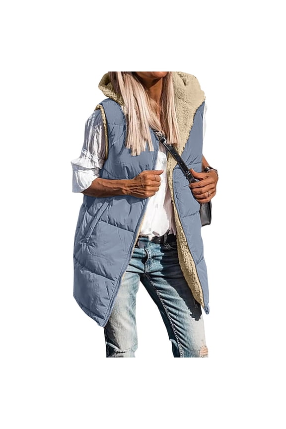 Women's Double Sided Fleece Lined Puffer Vest Sleeveless Long Coat Hooded Jackets Outerwear with Full Zipper and Pockets