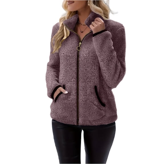 Women's Double-Sided Fleece Zip Cardigan - Soft Plush Hoodie Jacket, Casual Warm Outerwear, Dark Purple Size S