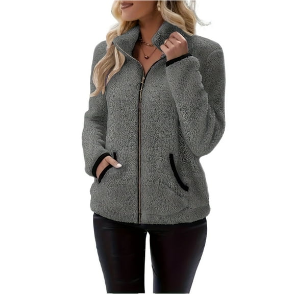 Women's Double-Sided Fleece Zip Cardigan - Soft Plush Hoodie Jacket, Casual Warm Outerwear, Gray Size L
