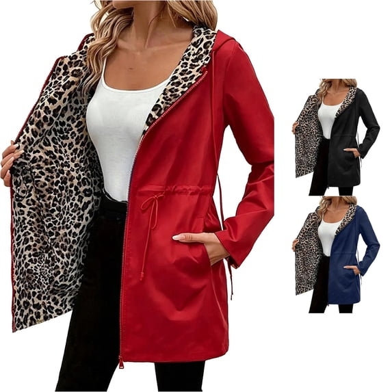 Women's Double-Sided Long Windbreaker with Leopard Print Lining Casual Hooded Thin Jacke