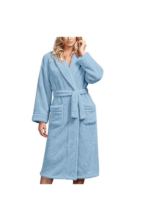 Women's Double Sided Plush Knee Length Robe, Belted Shawl Collar Bathrobe with Pockets, Soft Flannel Sleepwear, Cozy Long Loungewear, Warm Fleece Open Front Gown Light Blue One Size
