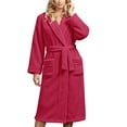 thumbnail image 1 of Women's Double Sided Plush Knee Length Robe, Belted Shawl Collar Bathrobe with Pockets, Soft Flannel Sleepwear, Cozy Long Loungewear, Warm Fleece Open Front Gown Red One Size, 1 of 7