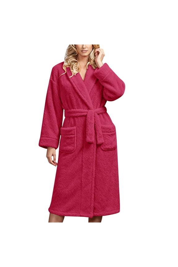 Women's Double Sided Plush Knee Length Robe, Belted Shawl Collar Bathrobe with Pockets, Soft Flannel Sleepwear, Cozy Long Loungewear, Warm Fleece Open Front Gown Red One Size