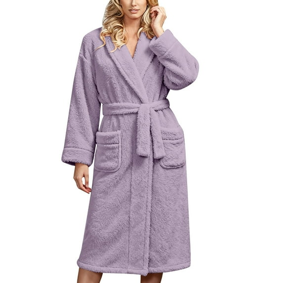 Women's Double Sided Plush Knee Length Robe, Belted Shawl Collar Bathrobe with Pockets, Soft Flannel Sleepwear, Cozy Long Loungewear, Warm Fleece Open Front Gown Purple One Size