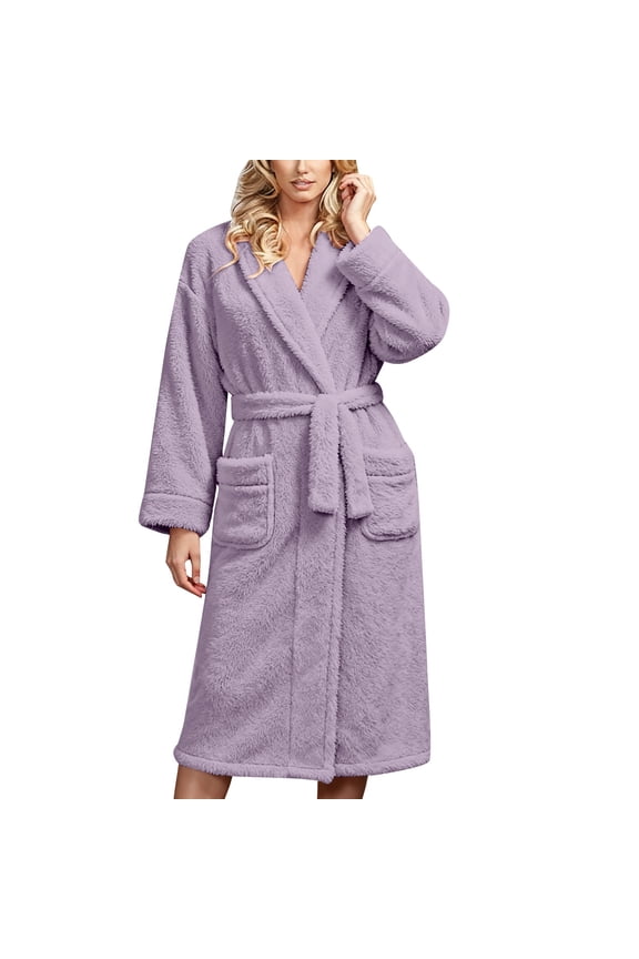 Women's Double Sided Plush Knee Length Robe, Belted Shawl Collar Bathrobe with Pockets, Soft Flannel Sleepwear, Cozy Long Loungewear, Warm Fleece Open Front Gown Purple One Size
