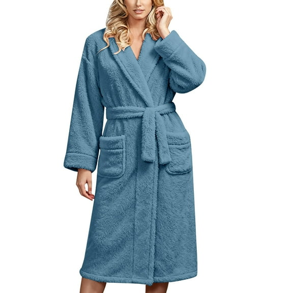 Women's Double Sided Plush Knee Length Robe, Belted Shawl Collar Bathrobe with Pockets, Soft Flannel Sleepwear, Cozy Long Loungewear, Warm Fleece Open Front Gown Dark Blue One Size