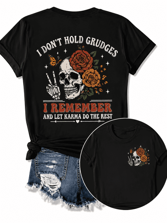 Women's Double Sided Skull Rose Graphic T-Shirt, Vintage Gothic Skeleton Floral Print Front Back Design, Casual Crew Neck Short Sleeve Tee