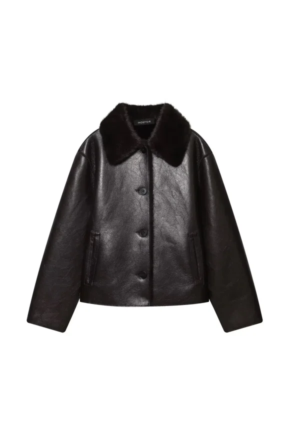 Women’s Double-Sided Vegan Leather Jacket Soft Winter Round Neck Coat