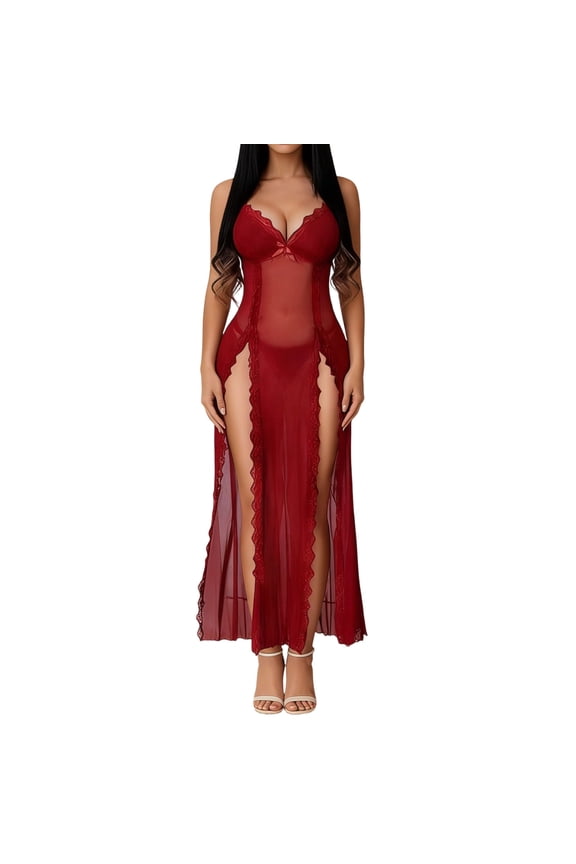 Women's Double Slit Spaghetti Strap Sheer Nightgown Sexy Lace Trim Maxi Dress with Thong 2 Piece Babydoll Lingerie