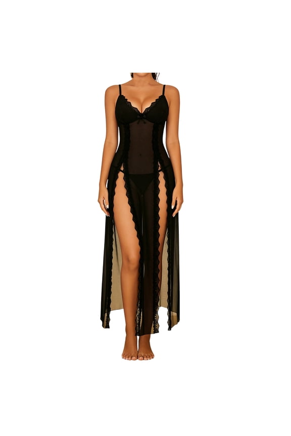Women's Double Slit Spaghetti Strap Sheer Nightgown Sexy Lace Trim Maxi Dress with Thong 2 Piece Babydoll Lingerie