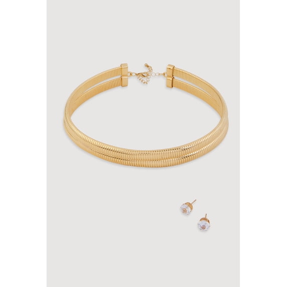 Women's Double Snake Chain Necklace and Stud Earrings
